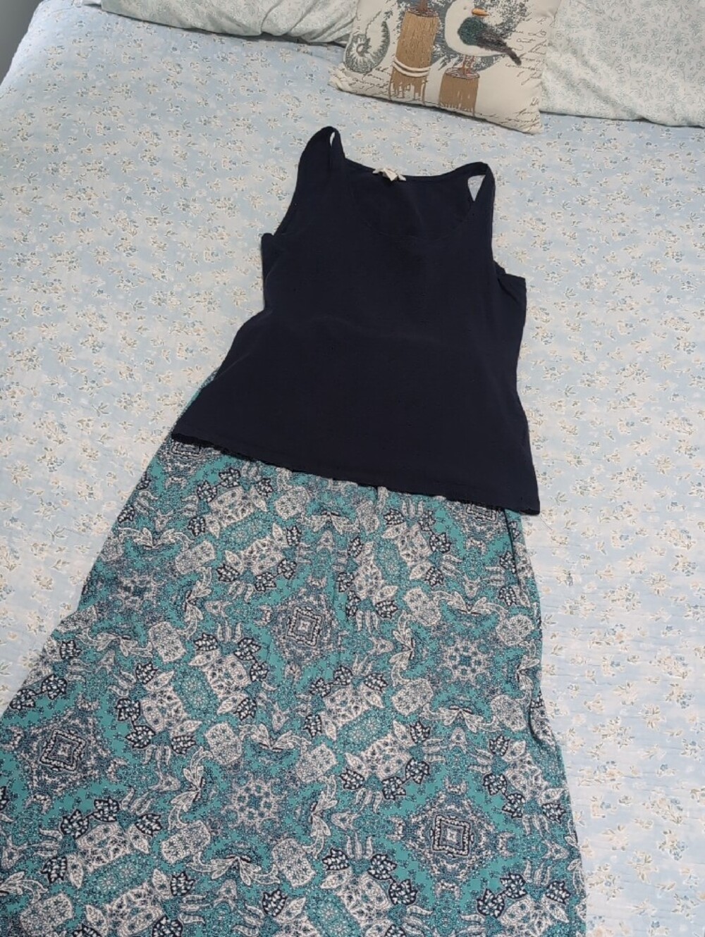 Teal and Navy Printed Maxi Skirt And Blue Tank Top